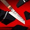Damascus Steel Japanese Kitchen Chef Knife Near Flying Stones On Red Background. Minimalism And Accuracy. 3d rendering