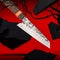 Damascus Steel Japanese Kitchen Chef Knife Near Flying Stones And Tree Branches On Red Background. 3d rendering