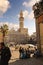 DAMASCUS, SYRIA - NOVEMBER 16, 2012: Umayyad Mosque minaret from Al-Hamidiyah Souq in the old city of Damascus. The Minaret of