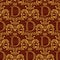 Damask seamless pattern repeating background. Gold burgundy floral ornament with D letter and crown in baroque style