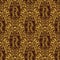 Damask seamless pattern repeating background. Gold maroon floral ornament with R letter and crown in baroque style