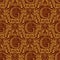 Damask seamless pattern repeating background. Golden maroon floral ornament with G letter and crown in baroque style