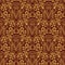 Damask seamless pattern repeating background. Golden maroon floral ornament with M letter and crown in baroque style