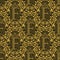 Damask seamless pattern repeating background. Golden olive floral ornament with F letter and crown in baroque style