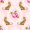 Damask seamless pattern with roses and wild leopard