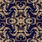 Damask vector embroidery seamless pattern. Dark blue ornate grunge background with gold 3d flowers, scroll leaves and floral anti