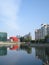 Dambovita river in Bucharest, with buildings on shores