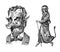 Damn or demon with horns and pork nose in vintage style. Mystical imaginary character in retro old style. Engraved