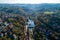 Dan on river Gradac in Valjevo - panorama of city in Serbia. Aerial drone view