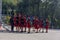 Dance ensemble young Armenian girls in traditional Armenian clothes prepare for performance at the Adyghe cheese festival in the f