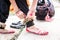 Dance form indian classical feet with ghungru. Kathak Girl tying ghungaroo. close up, copy space. classical Indian culture and