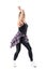 Dance hall or jazz dance woman dancing with arms up with checked shirt tied on waist.