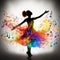 Dance of Melodies: Silhouetted Woman Whirls Amidst Colorful Musical Bliss