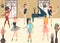 Dancer ballerinas, school modern classic dance cartoon vector illustration. Group female character, room piano
