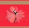 Dancer girl dressed in long red skirt in shape of flower stands in dance pose isolated on red background.