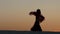 Dancer holds a veil in her hands, she dances a belly dance on the beach. Silhouette