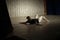 Dancer lies on stage. Ballerina shows movement. Dance lesson. Girl expresses pain