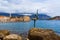 Dancer statue and Old Town in Budva Montenegro