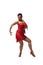 Dancer in stylish dress with fringe performing tango on white background
