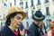 A dancer in traditional head costume during the sheep transhumance festival passing through Madrid Spain