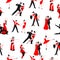 Dancers or dancing party seamless pattern, vector illustration. Cartoon dancing couples man and woman isolated on white
