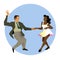 Dancers of Lindy hop. The man and the woman of different nationalities dance. Flat vector illustration of people.