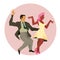 Dancers of Lindy hop. The man and the woman of different nationalities dance. Flat vector illustration of social dance.
