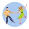 Dancers of Lindy hop. The man and the woman isolated in a blue circular background. Flat vector illustration of people.