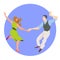 Dancers of Lindy hop. The man and the woman isolated in a blue circular background. Flat vector illustration of people.