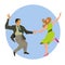 Dancers of Lindy hop. The man and the woman isolated in a blue circular background. Flat vector illustration of people.