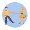 Dancers of Lindy hop. The man and the woman isolated in a blue circular background. Flat vector illustration of social dance.