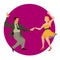 Dancers of Lindy hop. The man and the woman isolated in a purple circular background. Flat vector illustration of social dance.