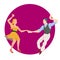 Dancers of Lindy hop. The man and the woman isolated on purple circular background. Flat vector illustration of social dance.