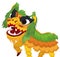 Dancers performing Chinese lion dance with green and yellow costume, Vector Illustration