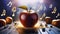 Dancing apple surrounded by music notes in a melting digital landscape