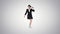 Dancing brunette businesswoman walking in, stops in the middle and then goes away on gradient background.