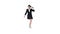 Dancing brunette businesswoman walking in, stops in the middle and then goes away on white background.