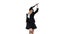 Dancing brunette businesswoman walking in, stops in the middle and then goes away on white background.