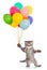 Dancing cat with birthday party balloons isolated