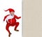 Dancing Christmas Santa Claus over blank greeting card