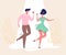 Dancing couple with audience. Rockabilly dance party. Retro contest. Happy swing dancers with viewers vector illustration isolated