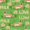 Dancing cow in the meadow cute seamless pattern, splashes of milk and the inscription Milk, Cow, Love. Flat