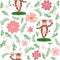 Dancing cow in the meadow cute seamless pattern, splashes of milk and the inscription Milk, Cow, Love. Flat