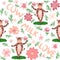 Dancing cow in the meadow cute seamless pattern, splashes of milk and the inscription Milk, Cow, Love. Flat