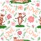 Dancing cow in the meadow cute seamless pattern, splashes of milk and the inscription Milk, Cow, Love. Flat