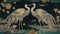 Dancing Cranes under the Golden Moon: Elaborate Kimono Style with Meticulous Detail and Luminous Brushwork, Generative AI