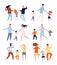 Dancing family. Kids playing and dancing with parents mother father children dancers vector characters collection