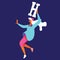 Dancing flat bright woman with large capital letter H in hands. Vector concept illustration isolated on blue background