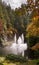 Dancing fountain surrounded by pine forest