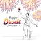 Dancing girl with burning diya illustration for happy diwali greeting design with hand drawn fireworks vintage colorful